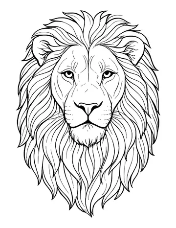 Realistic front-facing lion portrait with a long flowing mane and calm, steady eyes