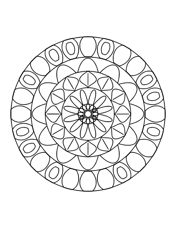 Mandala with a petal center, a ring of points and an outer border of oval beads