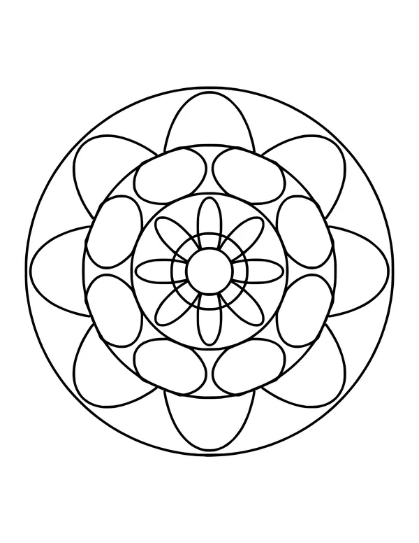 Easy floral mandala with a thin-petal center, a ring of round petals and a large outer bloom