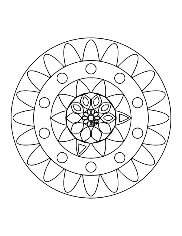 Mandala with a star flower center, a ring of circles and an outer ring of leaf petals