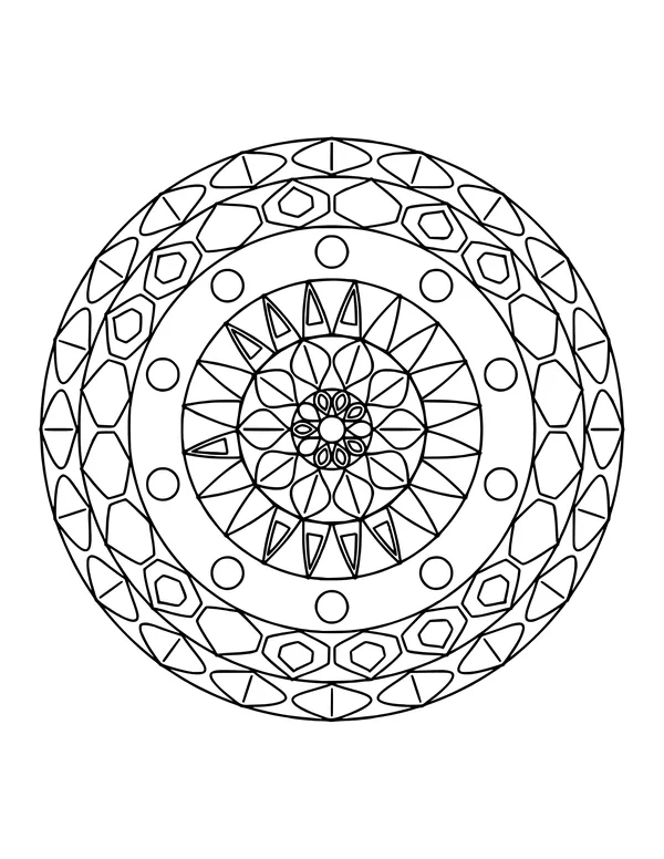 Mandala with a ring of tall points like a crown around a detailed flower center