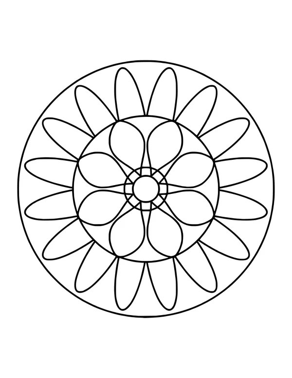 Easy mandala shaped like a daisy, with long thin petals around a flower center