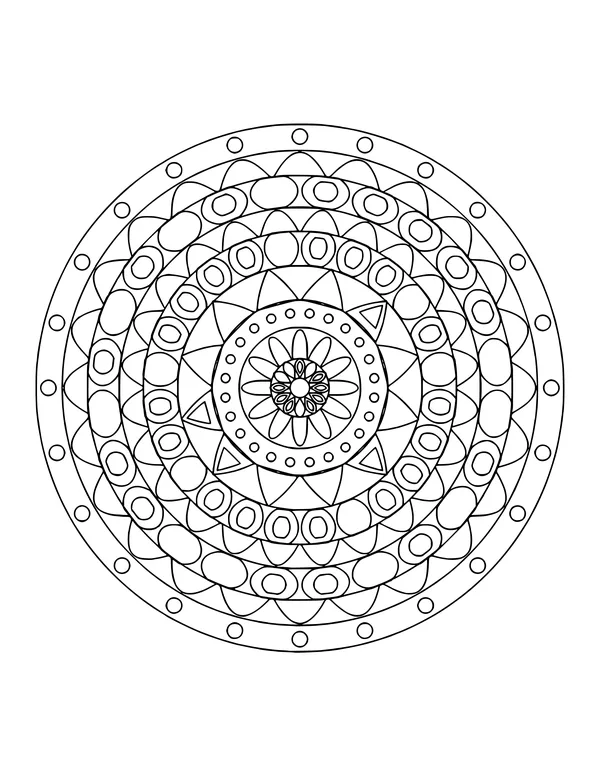 Detailed mandala with rings of dots, ovals and petals around a small flower