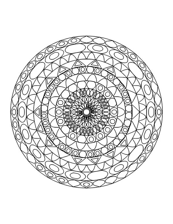 Detailed mandala with nine busy rings of overlapping shapes like a kaleidoscope
