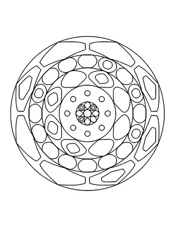 Mandala with rings of rounded pebble shapes, small circles and a flower center