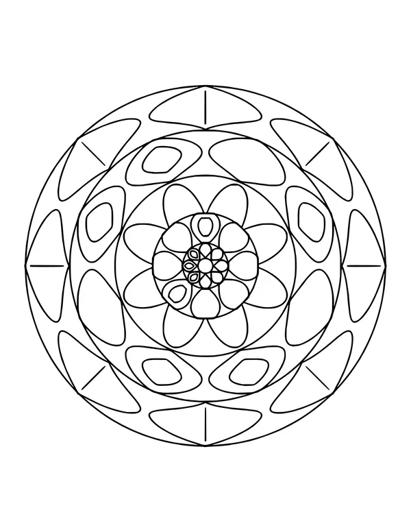 Mandala with a flower center, a ring of shield shapes and a border of arches