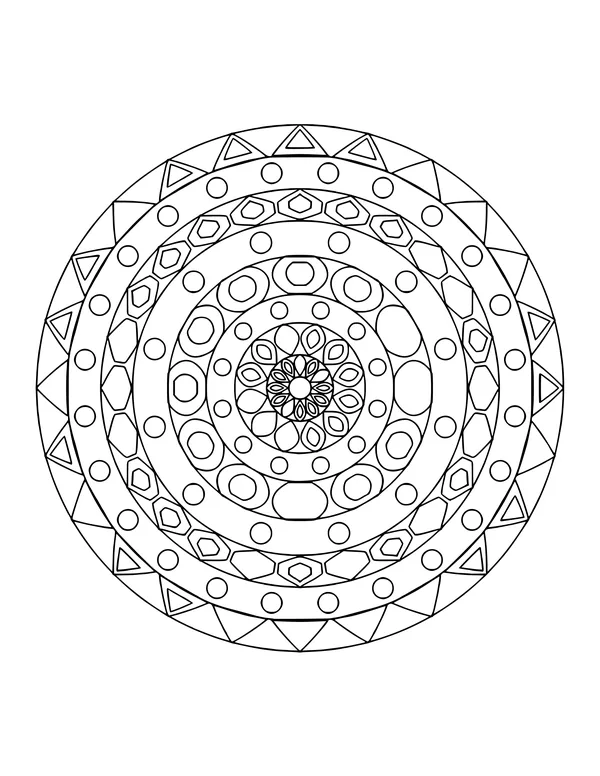 Detailed mandala with an outer border of triangles and inner rings of circles and ovals