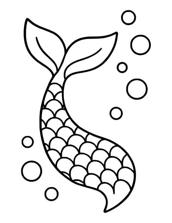 Simple S-curved mermaid tail with large rounded scales and a wide fin, surrounded by round bubbles.