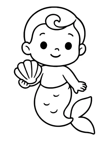 Cute little merboy with a curl of hair and round cheeks holding a scallop shell, with a simple scaled tail.