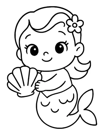 Cute little mermaid with big eyes and a flower in her hair holding a large scallop shell, with a curled tail.