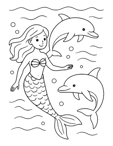 Mermaid with a scaled tail swimming beside two leaping dolphins among bubbles and wavy water lines.