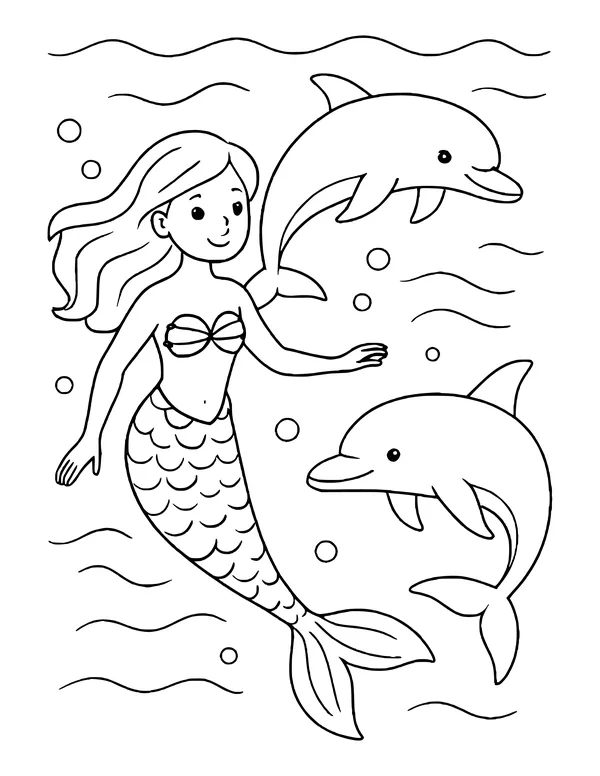 Mermaid with a scaled tail swimming beside two leaping dolphins among bubbles and wavy water lines.