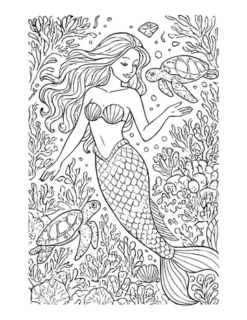 Detailed underwater scene of a mermaid with two sea turtles, surrounded on all sides by dense coral and seaweed.