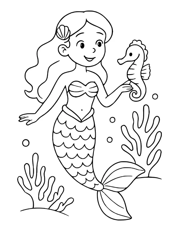 Smiling mermaid with a shell clip in her wavy hair holding a small seahorse, with coral on both sides and bubbles.