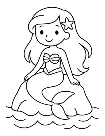 Smiling mermaid with long hair and a starfish clip sitting on a rock, her tail curled in front, with waves below.