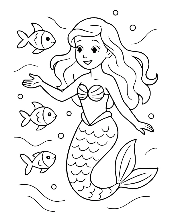 Smiling mermaid with long wavy hair reaching toward three fish lined up on the left, with bubbles and wavy water.