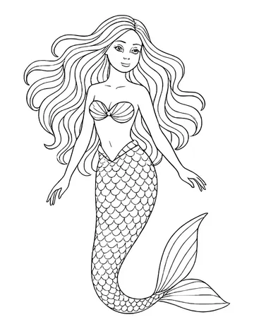 Detailed mermaid facing forward with long flowing wavy hair, a shell top and a tail covered in small fish scales.