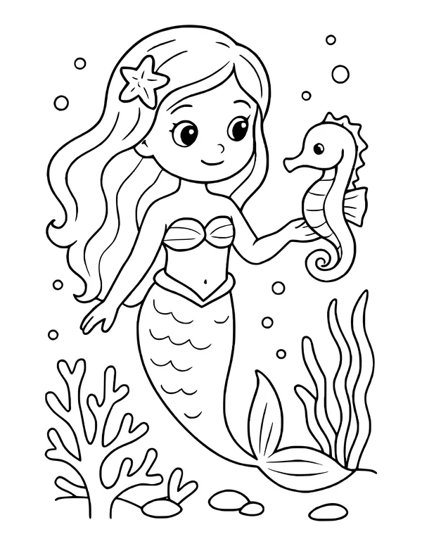 Mermaid with a starfish in her long hair holding a seahorse, with branching coral, tall seaweed and pebbles below.