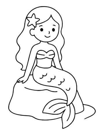 Mermaid with long wavy hair and a starfish clip sitting on a big rock, scaled tail draped over the side.