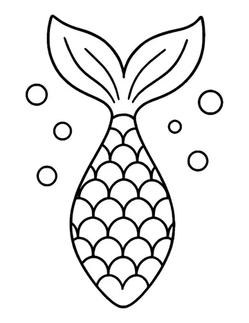 Simple upright mermaid tail with neat rows of large scales and a two-lobed fin at the top, with bubbles on both sides.