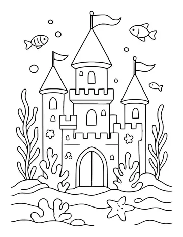 Underwater castle with three pointed towers each flying a flag, flower shapes on the walls, coral, seaweed and fish.