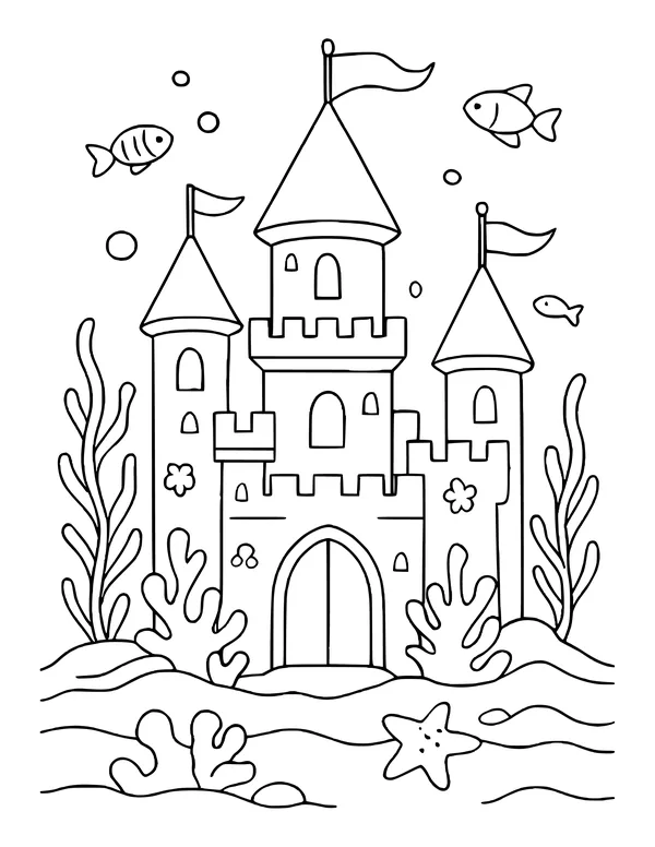 Underwater castle with three pointed towers each flying a flag, flower shapes on the walls, coral, seaweed and fish.