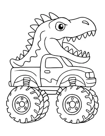 Monster truck topped with a large dinosaur head with spiky crest and open jaws full of pointed teeth.