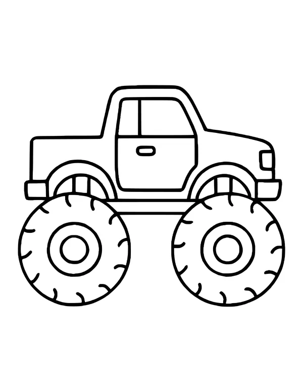 Simple side view of a pickup-style monster truck with a big door, two huge round tires and short tread marks.