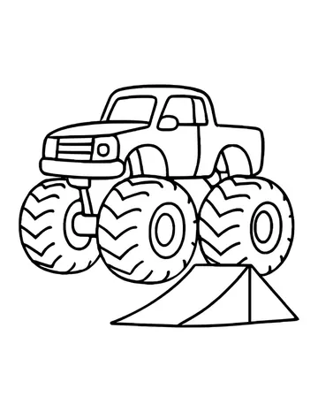 Easy cartoon monster truck with three visible big tires parked behind a small angled ramp.