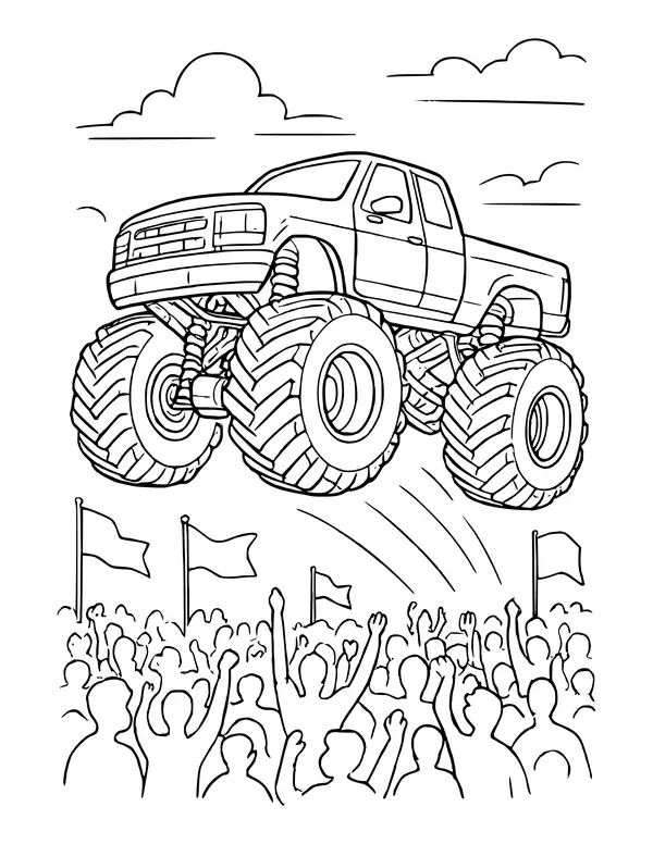 Detailed monster truck flying through the air above a cheering crowd with raised arms and waving flags.