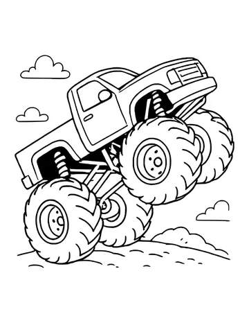 Monster truck tilted up on its rear wheels as it climbs a dirt hill, with coil springs and clouds above.