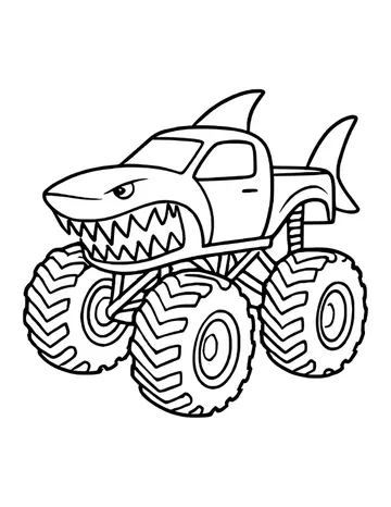 Shark-themed monster truck with a frowning eye, two rows of jagged teeth, two fins and four big treaded tires.