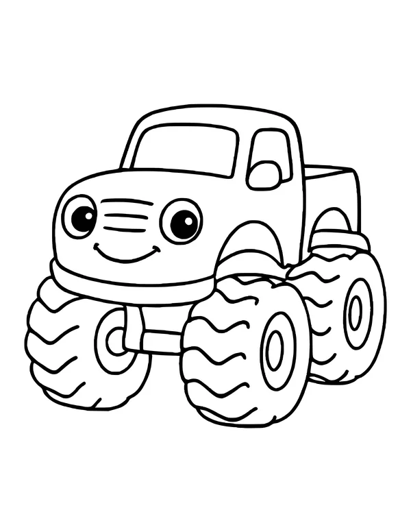 Cute cartoon monster truck with round eyes and a smile on its front grille, sitting on four wavy-tread tires.