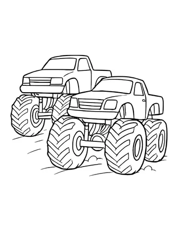 Two monster trucks with huge chevron tires racing side by side across a dirt track, one slightly ahead.