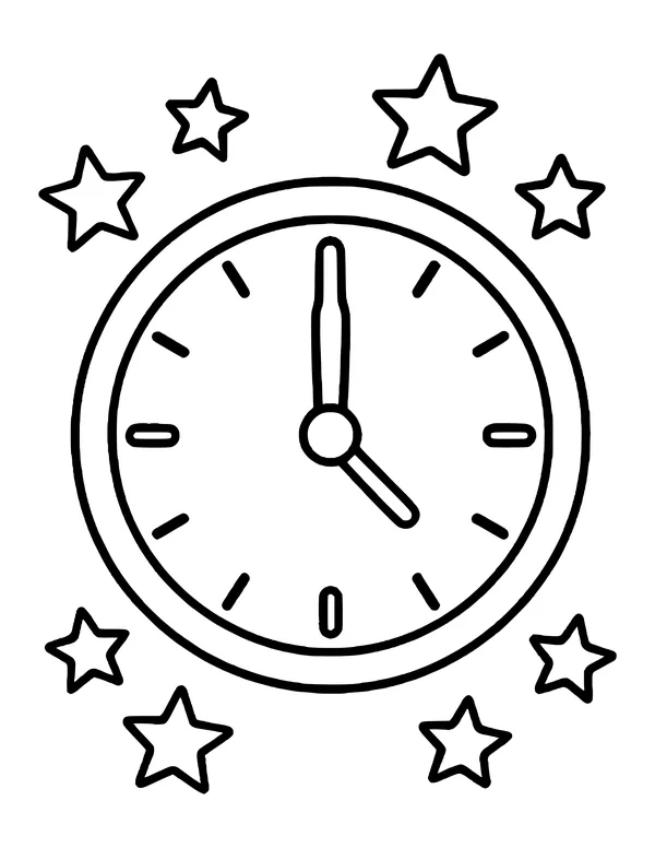 Round clock showing midnight surrounded by stars