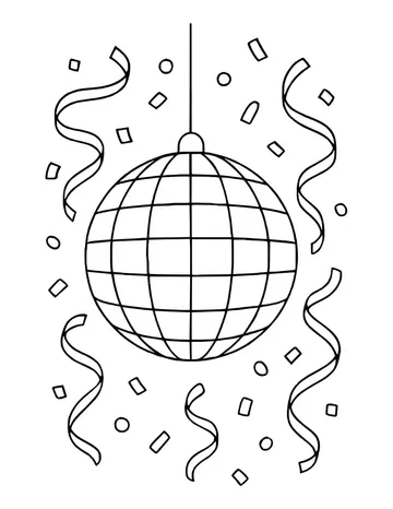 Hanging disco ball with a grid of mirror tiles surrounded by curly streamers and confetti