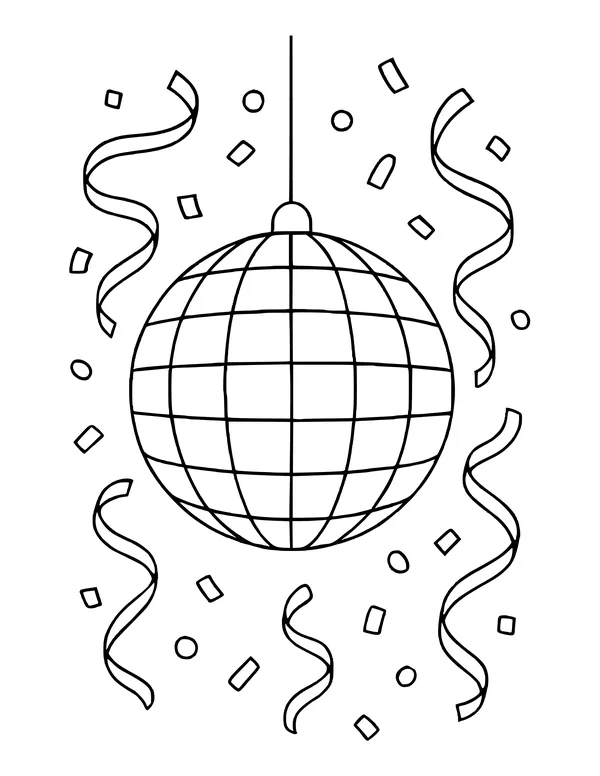 Hanging disco ball with a grid of mirror tiles surrounded by curly streamers and confetti