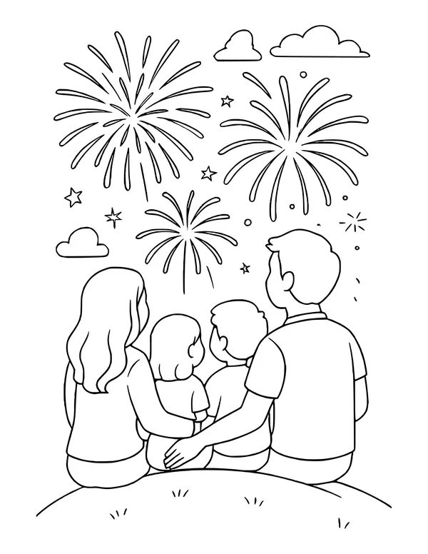 Family of four seen from behind, sitting on a grassy hill and watching fireworks bursts