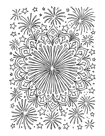 Detailed mandala of a firework burst surrounded by stars and smaller bursts