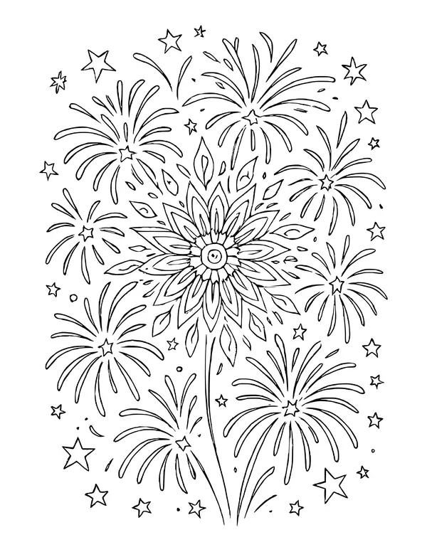 Full page of detailed firework bursts and stars