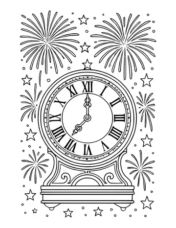 Mantel clock on a scrolled stand with Roman numerals, framed by fireworks bursts and stars
