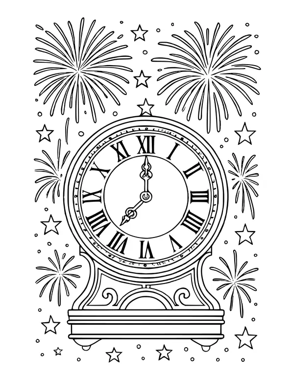 Mantel clock on a scrolled stand with Roman numerals, framed by fireworks bursts and stars