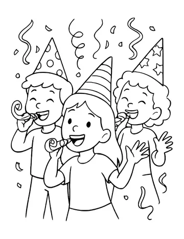 Group of children in party hats blowing noisemakers among streamers