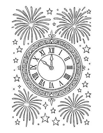Ornate round clock with Roman numerals and hands near twelve, surrounded by fireworks and stars