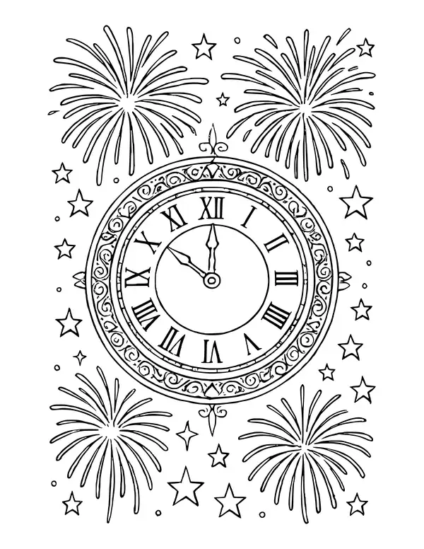 Ornate round clock with Roman numerals and hands near twelve, surrounded by fireworks and stars