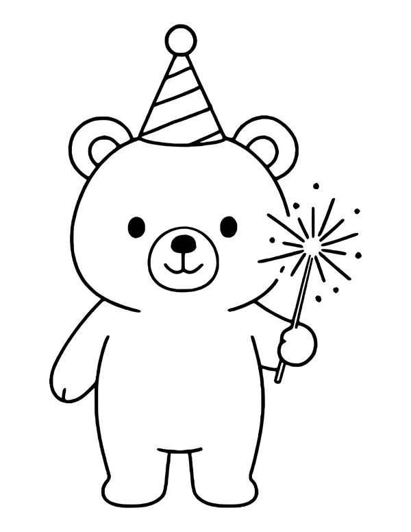 Smiling teddy bear wearing a cone party hat holding a lit sparkler