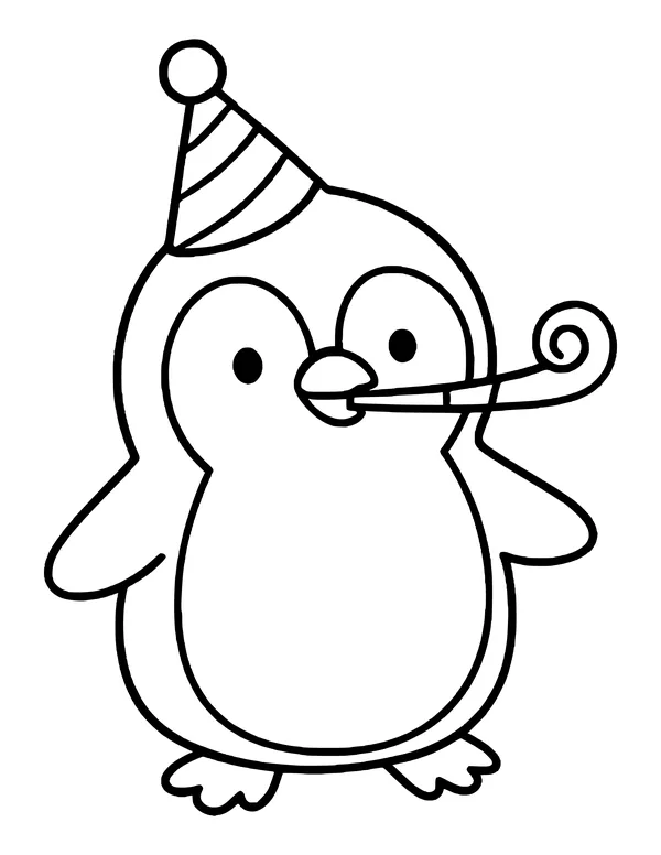 Cute penguin with a pom-pom party hat blowing a party horn to the side