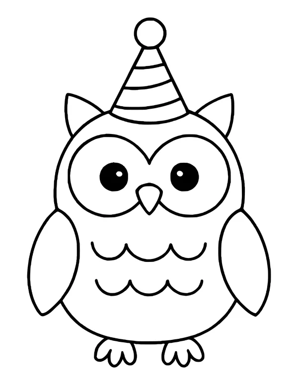 Cute owl with pointed ear tufts, wide wings and a striped party hat with a pom-pom