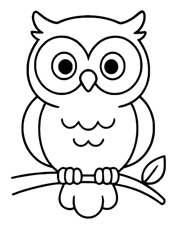 Baby owl with ringed eyes and ear tufts sitting on a long curved twig with one leaf