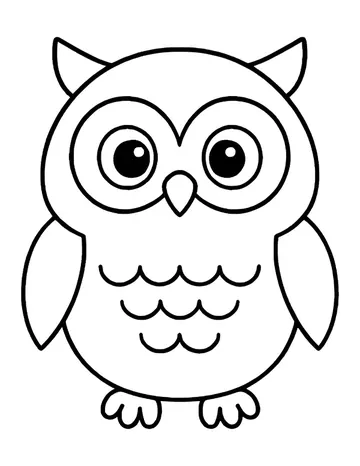Chubby owl with big eyes, pointed ear tufts, wings held out and three rows of feathers